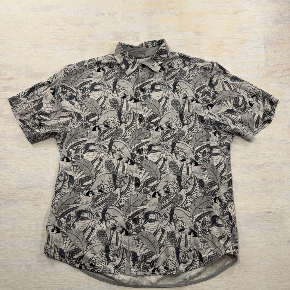 Tommy Bahama Button Up Shirt L Silk CoolMax Tropical Bird Print Gray Mens